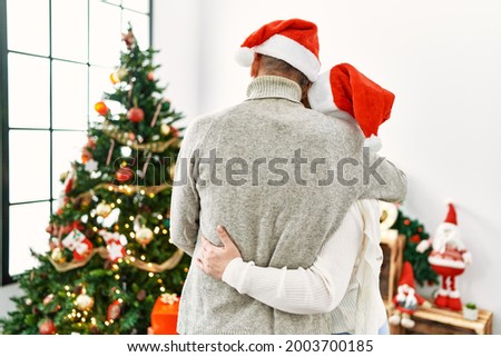 Middle age caucasian couple on back view hugging and looking christmas tree at home.
