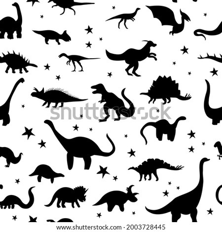 Seamless pattern with cute silhouette dinosaurs.Jurassic,mesozoic reptiles,footprint.Various dino characters.Prehistoric illustration with animals and stars.Childish monochrome print,wrapping paper