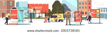 Outdoor advertisement installation: street advertising agency service worker installing posters for urban marketing on billboards, signboards and bus station. Cartoon flat vector illustration Royalty-Free Stock Photo #2003738585