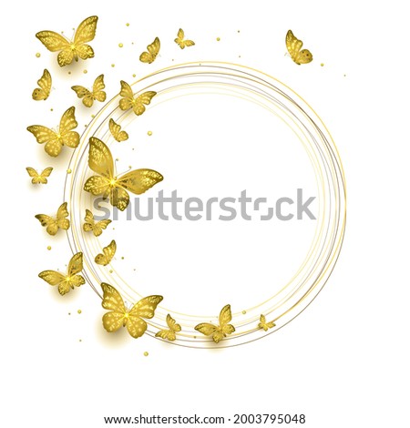 flock of golden flying butterflies on a white background
