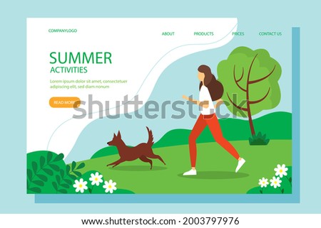 Woman running with the dog in the Park. Conceptual illustration of outdoor recreation, active pastime. Summer illustration in flat style.