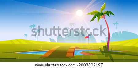 Golf course with green grass, pond with bridge and palm trees. Vector cartoon tropical landscape of sport field with hole for golf ball, pole with red flag and lake