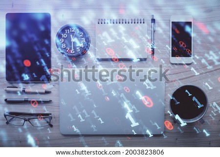 Multi exposure of technology theme drawing over work table desktop. Top view. Global data analysis concept.