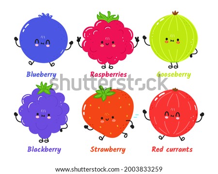Funny cute happy berries,gooseberry kids,baby characters bundle set.Vector hand drawn cartoon kawaii character illustration .Isolated on white background.Cute berries mascot character,set collection Royalty-Free Stock Photo #2003833259