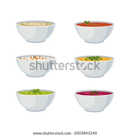 Vector Set of Soup Bowls, Different Soups, Cream Soups, Healthy Eating Icons Collection Isolated on White Background.
 Royalty-Free Stock Photo #2003843240