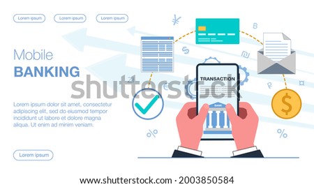 hands in a business suit hold a smartphone with a mobile bank application transactions and payments are carried out around coins money documents letters card currency vector flat illustration Royalty-Free Stock Photo #2003850584