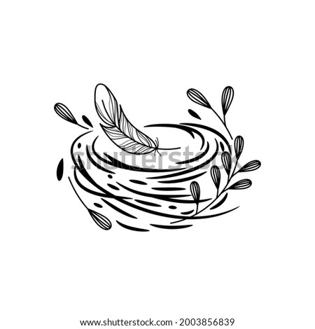 line art of nest with grass and feathers. nest logo concept. 