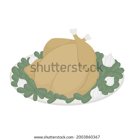 Roast turkey or chicken, flat cartoon vector illustration. Thanksgiving day dinner.