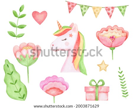 A watercolor set with a unicorn, flowers, twigs, a gift and a garland. Clip art for the design of children's greeting cards, posters and textiles.