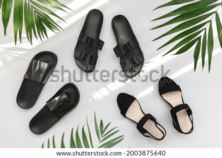 Summer women's shoes. Black heeled sandals, flat sandals, rubber slippers and tropical palm leaves on grey background. Trendy female footwear. Flat lay, top view. Royalty-Free Stock Photo #2003875640