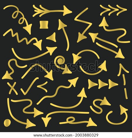 Golden trendy and funky direction arrows signs icons set on black background