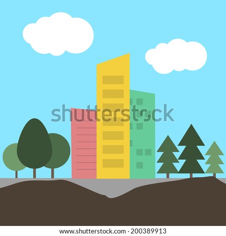 Flat buildings. Minimal landscape, with buildings, trees, and clouds. Simple template, for simple design. Easy to edit. Vector illustration - EPS10.