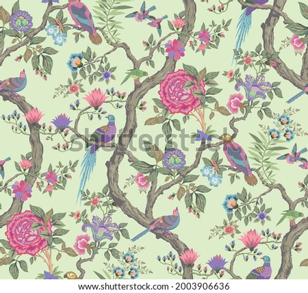 Beautiful vintage floral bird decorative seamless pattern. Decorative garden vector background with birds
