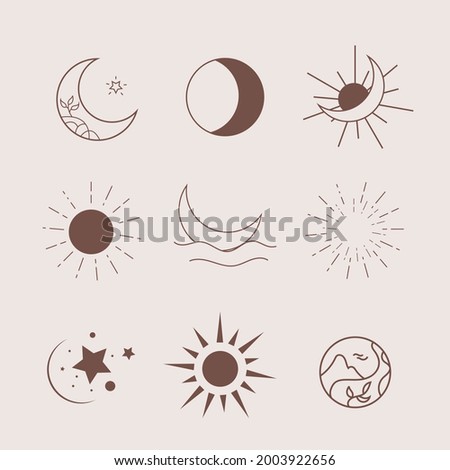 Sun Moon Boho Clipart logo art, Celestial Zodiac Esoteric Spiritual Decor, Halloween Clip Art