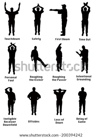 Silhouette of an NFL referee signaling common football fouls Royalty-Free Stock Photo #200394242