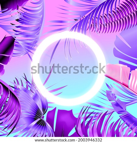 Blue and violet tropical party design with palm leaves and neon light. Summer night vector illustration.