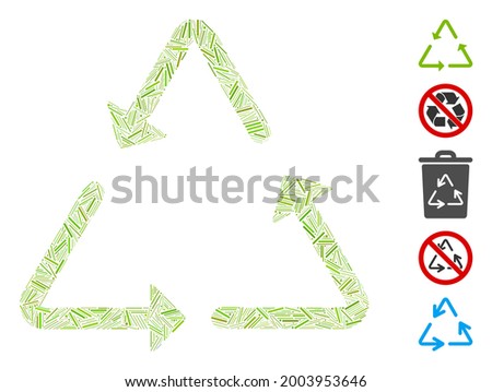 Line collage recycling triangle icon designed from thin elements in random sizes and color hues. Vector line items are arranged into abstract collage recycling triangle icon.