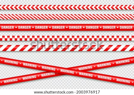 Realistic red barricade tape. Police warning line. Danger or hazard stripe. Under construction sign. Vector illustration. Royalty-Free Stock Photo #2003976917