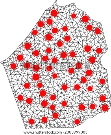 Mesh polygonal map of Dubai Emirate under outbreak. Vector model is created from map of Dubai Emirate with red infectious centers. Lines and viruses are combined into map of Dubai Emirate.