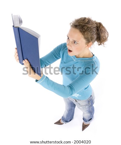 isolated on white headshot of young woman with book