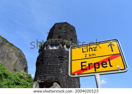town sign of Erpel at the East towers of the bridge of Remagen