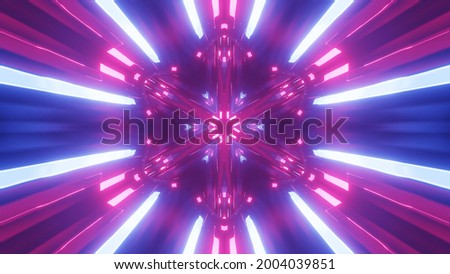 3d render. Sci-fi tunnel with neon lights. Abstract high-tech tunnel as background in the style of cyberpunk or high-tech future. Symmetrical purple light streaks. Round structure with rays