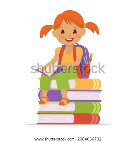 The concept of a reading girl with a briefcase sitting on a stack of books. Vector cartoon illustration.