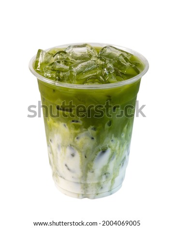 iced matcha latte green tea with milk foam in cup isolated on white background