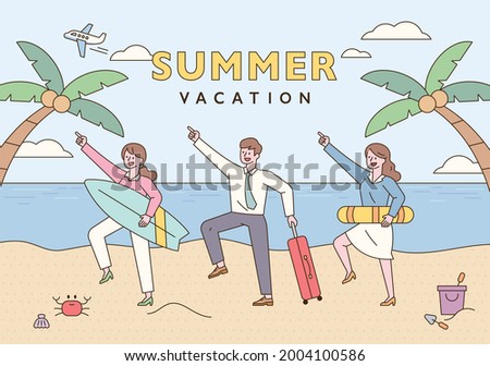 Business people making funny poses with surfboards, swimming tubes and suitcases. Beach background poster with palm trees. flat design style minimal vector illustration.