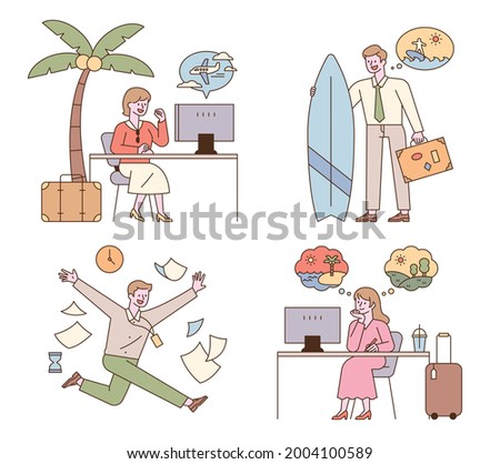 Office workers making vacation plans are sitting at their desks, thinking or throwing away their work and running. flat design style minimal vector illustration.