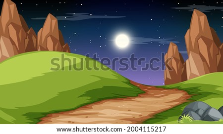 Blank nature park landscape at night scene with pathway through the meadow illustration