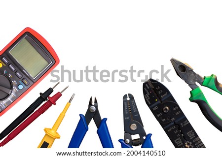 Set of tool and component kit in electrical installation , isolated on white background.