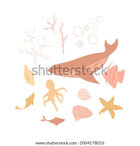Set of sea animals. Whale, fish, octopus, jellyfish, shell, corals, bubbles water element. Collection of aquatic creatures isolated on white. Vector illustration for print, stickers 