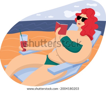 women with red hair laying on the sunbed and reading books on the beach