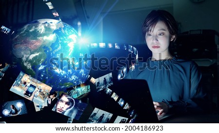 Young woman watching Graphical User Interface. Communication network. Elements of this image furnished by NASA. 3D rendering.