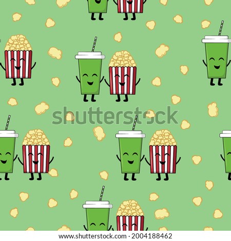 A pattern of crispy popcorn in a box and a disposable soda glass are smiling at each other on an green background. Delicious snacks when watching a movie. vector illustration