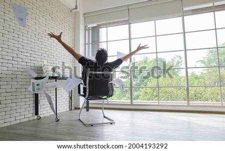 One person successful businessman work at home. Happy worker finance manager finish job. Adult collegian relax after online learning at home , people lifestyle concept.    Royalty-Free Stock Photo #2004193292