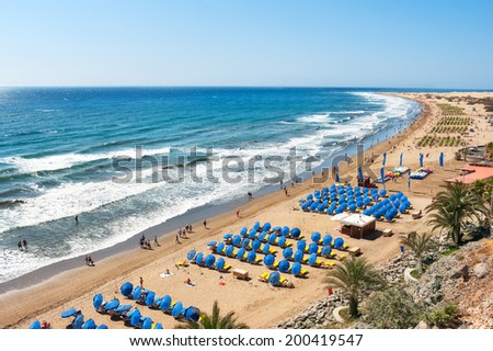 View of sandy beach Playa del Ingles. Maspalomas. Gran Canaria Royalty-Free Stock Photo #200419547