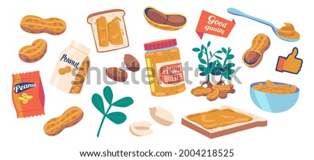 Peanut Butter in Glass Jar, Snack in Package and Plant. Peeled and Unpeeled Nuts, Cereal Protein Breakfast, Healthy Energy Food, Peanut in Shell, Clean Seeds. Cartoon Vector Illustration, Icons Set Royalty-Free Stock Photo #2004218525