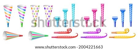 Set of different party whistles: paper horns and pipe blowers. Collection of colorful items for festive event celebration: new year or birthday. Realistic vector illustration Royalty-Free Stock Photo #2004221663