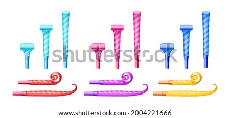 Party blowers colorful paper whistles set for blowing on surprise events, birthday or new year celebration isolated on white background. Vector illustration Royalty-Free Stock Photo #2004221666