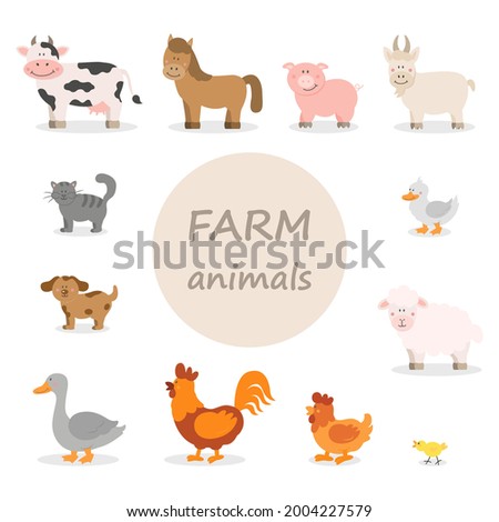 Set of cute farm animals in cartoon style: sheep, goat, cow, horse, pig, cat, dog, duck, goose, chicken, rooster, chicken on a white background. Vector illustration in a flat style.