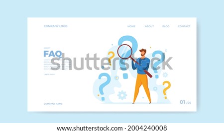 FAQ concept of men looking through magnifying glass at interrogation point and question mark. Vecror illustration of searching solutions, useful information, customer support, solving problem, choice. Royalty-Free Stock Photo #2004240008