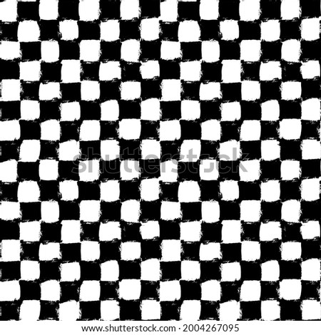 Checkered Pattern. Seamless background with painted checks. Black and white grunge distress texture. Brush strokes squares backdrop. Chessboard wallpaper. Repeated tiles