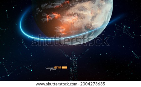 People of particle combination hold up the earth. Abstract vector technology astronomical background.