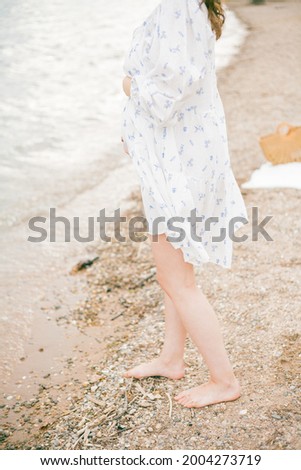Young beautiful pregnant woman in a beautiful dress near the sea. Picnic.
