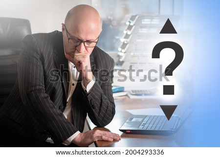 Choosing business. Businessman or investor is very confused. Concept - he makes a difficult decision. Manager is trying to make decisions. Question mark next to businessman. Choosing in investments