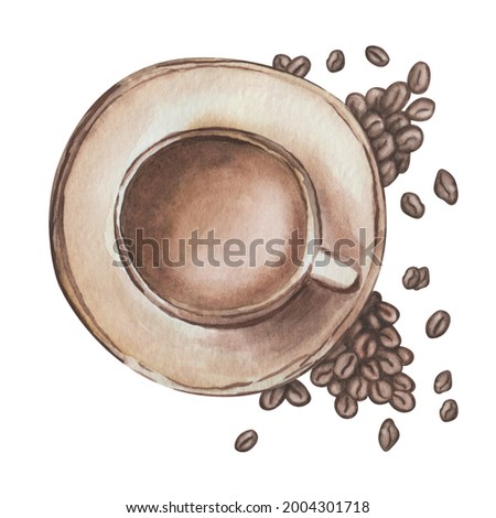 Watercolor hand drawn cup of coffee, cappuccino raw green grain, roasted coffee beans isolated on white. Clip art element for cafes, restaurant and take away menus, banners, posters, postcards