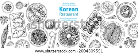 Korean food top view illustration. Hand drawn sketch. Bibimbap, kimchi, kimbap, dumplings mandu, noodles, skewers. Korean street food, take away menu design. Vector illustration. Royalty-Free Stock Photo #2004309551