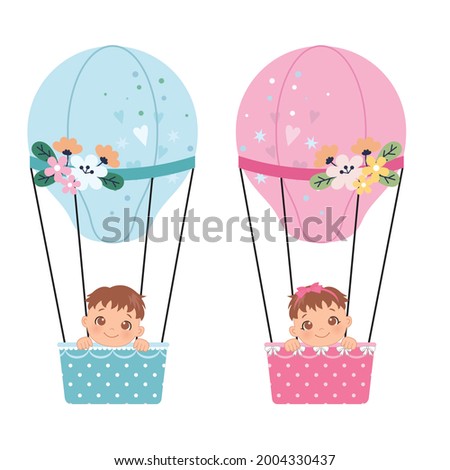 Baby boy or girl gender reveal clip art. Cute baby in hot air balloon. Flat vector cartoon design